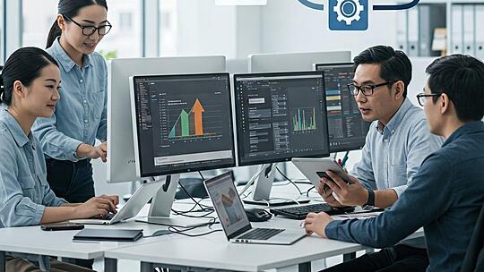 Team collaborating on CAD data and system dashboards across multiple monitors